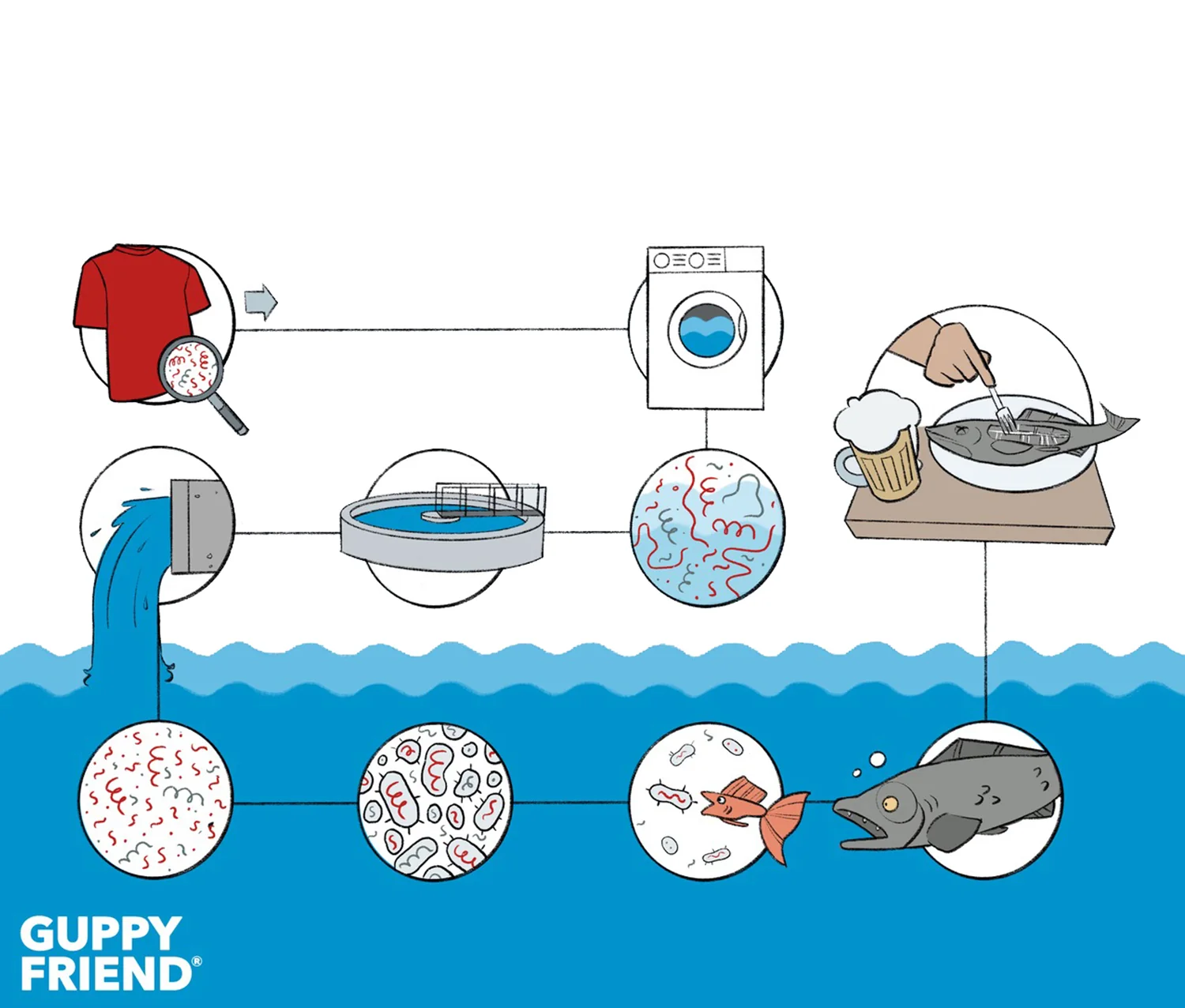 Diagram showing the impact of laundry detergent on water quality with Guppy Friend branding.